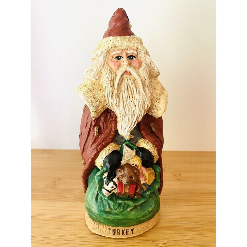 Santa Figurine Turkey 1993 Wood World Handcrafted Bag Of Toys Red Cape